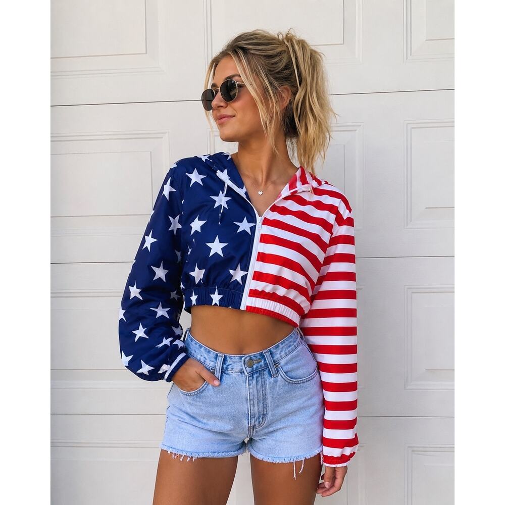 Forever 21 American Flag Cropped Hooded lightweight Windbreaker Jacket- usa flag